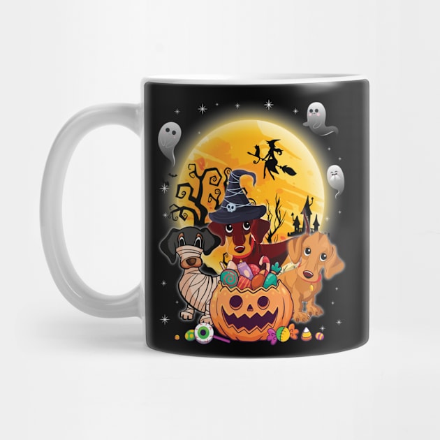 Dachshund Dog Mummy Witch Moon Ghosts Happy Halloween Thanksgiving Merry Christmas Day by joandraelliot